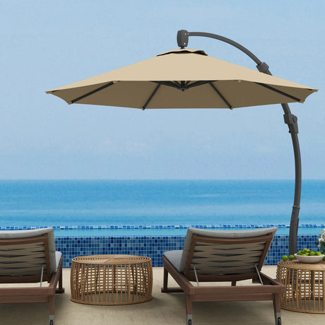 Outsunny 3(m) Garden Cantilever Parasol, Round Overhanging Umbrella with Crank Handle, Cross Base, Aluminium Frame and 360 Rotation, Banana Patio Umbrella for Outdoor Sun Shade, Khaki