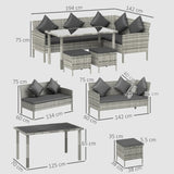 Outsunny tsunny 6-Seater Rattan Dining Set Sofa Table Footstool Outdoor w/ Cushion Garden Furniture, Dark Grey