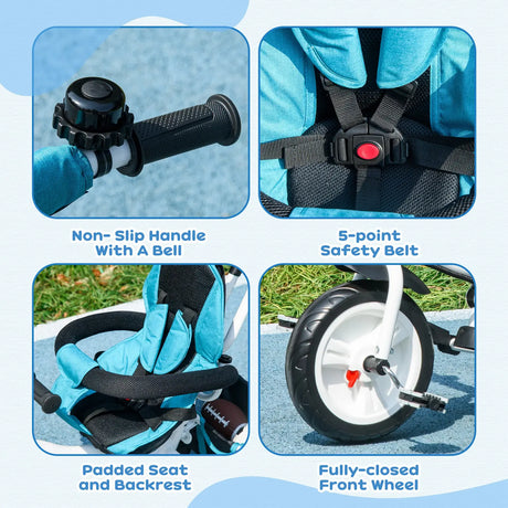 HOMCOM 6 in 1 Kids Trike Push Bike w/ Push Handle, Canopy, 5-point Seat Belt, Storage, Footrest, Brake, for 1-5 Years, Blue