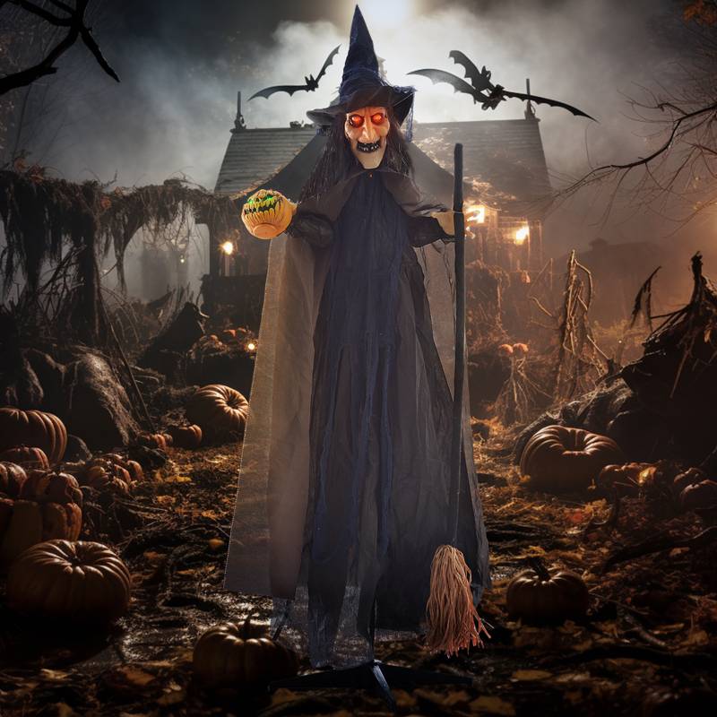 HOMCOM 6'2" Witch with Broomstick Halloween Animatronic, with Glowing Eyes