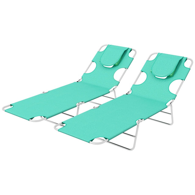 Outsunny Foldable Sun Lounger Set of 2 with Reading Hole, Portable Sun Lounger with 5 Level Adjustable Backrest, Reclining Lounge Chair with Side Pocket, Headrest Pillow, Green