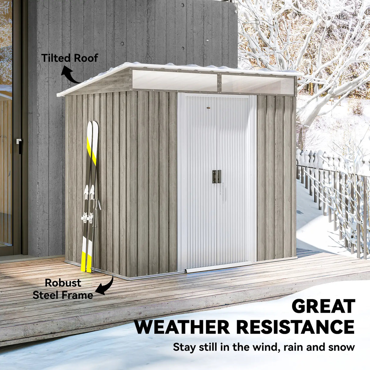 Outsunny 6.5 x 4FT Galvanised Metal Shed with Foundation Kit, Lockable Tool Garden Shed with Double Sliding Doors, Vents, Light Grey Wood Effect