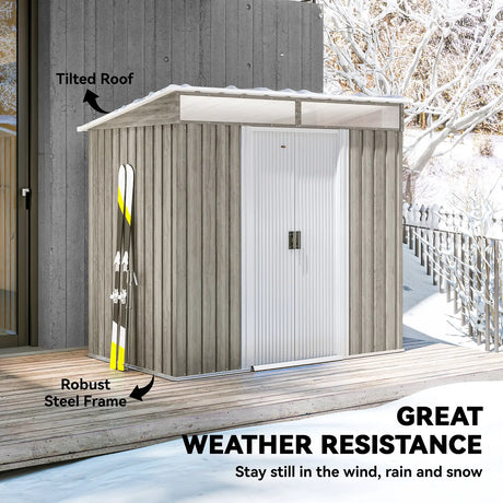 Outsunny 6.5 x 4FT Galvanised Metal Shed with Foundation Kit, Lockable Tool Garden Shed with Double Sliding Doors, Vents, Light Grey Wood Effect