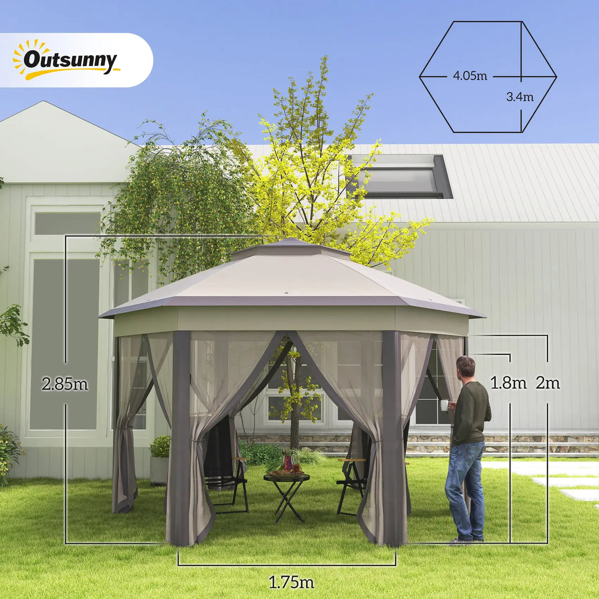 Outsunny 3 x 4m Garden Gazebo Hexagon Pop Up Gazebo Party Tent Canopy Double Roof Instant Shelter with Netting and Carry Bag for Outdoor Patio, Beige