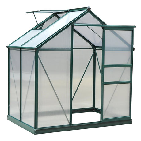 Outsunny 6 x 4ft Polycarbonate Greenhouse, Large Walk-In Green House with Slide Door and Window, Garden Plants Grow House with Aluminium Frame and Foundation, Dark Green