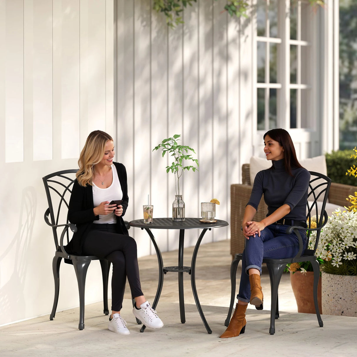 Outsunny 3 Pieces Garden Dining Set for 2, Cast Aluminium Outdoor Dining Set with 2 Armchairs and Round Dining Table with Parasol Hole, Garden Furniture Set, Brown