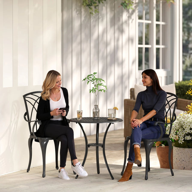 Outsunny 3 Pieces Garden Dining Set for 2, Cast Aluminium Outdoor Dining Set with 2 Armchairs and Round Dining Table with Parasol Hole, Garden Furniture Set, Brown