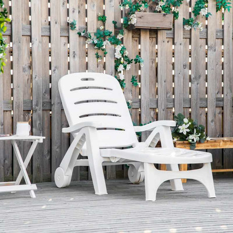 Outsunny Outdoor Folding Sun Lounger Recliner on Wheels w/ 5-Position Backrest, White