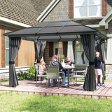 Outsunny 3 x 3.6m Hardtop Gazebo Canopy with Polycarbonate Roof, Aluminium Frame, Permanent Pavilion Garden Gazebo with Netting and Curtains for Patio, Deck, Dark Grey