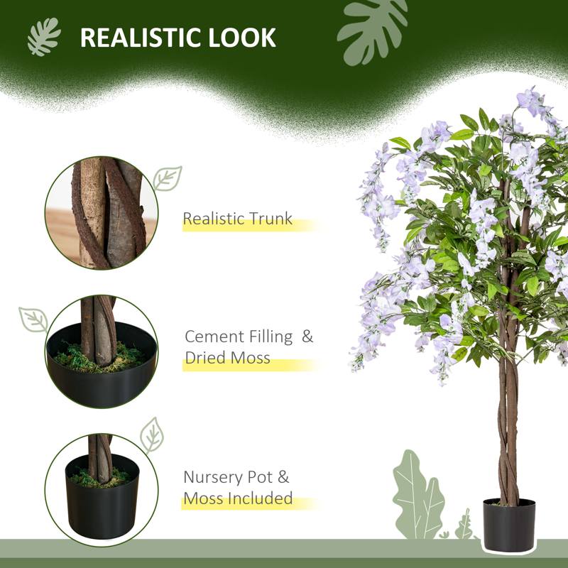 HOMCOM Artificial Realistic Wisteria Flower Tree Faux Decorative Plant in Nursery Pot for Indoor Outdoor Décor, 110cm