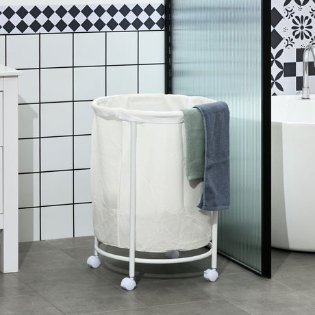 HOMCOM 100L Steel Frame Laundry Bin, with Wheels - White