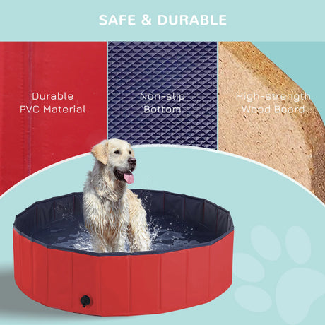 PawHut Dog Paddling Pool, Foldable Dog Pool, Leakproof & Hard Plastic, Portable Pet Bathtub with Non-Slip Base & Drainage Hole, for Indoors, Outdoors, Garden, Patio, 120 x 30 cm, Red