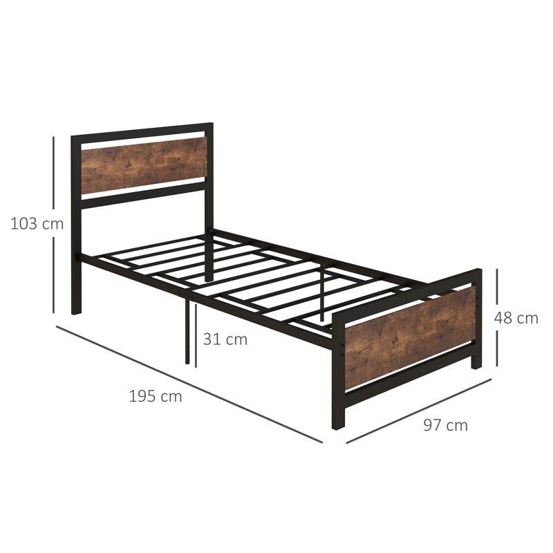 HOMCOM Single Size Metal Bed Frame with Headboard & Footboard, Strong Slat Support Solid Bedstead Base w/ Underbed Storage Space, Bedroom Furniture For Adults