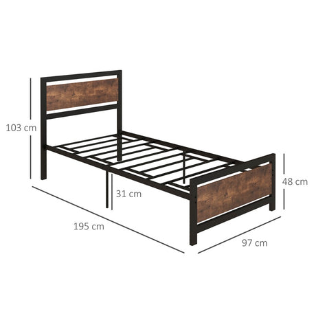 HOMCOM Single Size Metal Bed Frame with Headboard & Footboard, Strong Slat Support Solid Bedstead Base w/ Underbed Storage Space, Bedroom Furniture For Adults