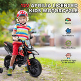 AIYAPLAY 12V Aprilia Licenced Kids Motorbike with Training Wheels, Spring Suspension, LED Light, USB, Music, Red