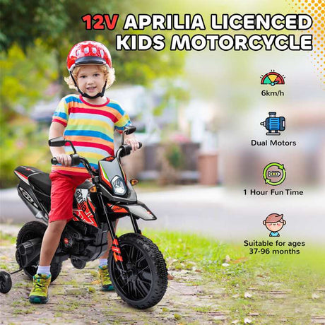 AIYAPLAY 12V Aprilia Licenced Kids Motorbike with Training Wheels, Spring Suspension, LED Light, USB, Music, Red