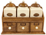 Three Ceramic Jars With Wooden Drawers