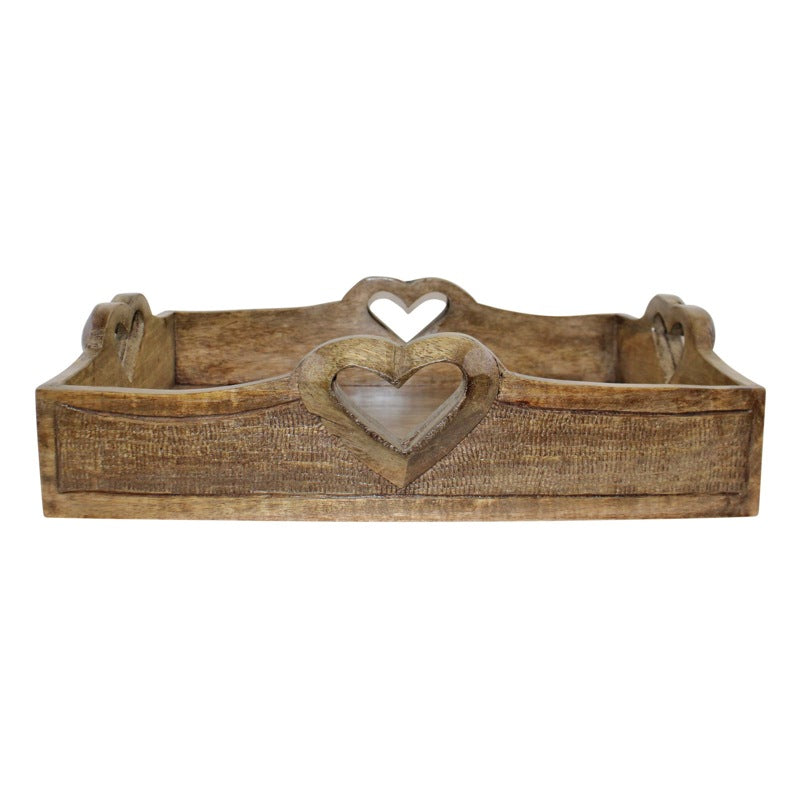 Set Of 2 Mango Wood Heart Detail Serving Trays