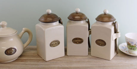 Large Tea, Coffee & Sugar Canisters With Spoons