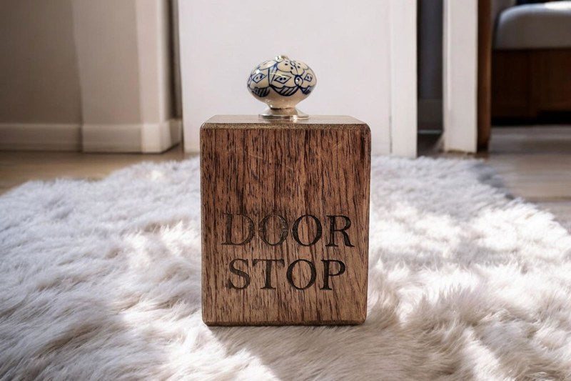 Mango Wood Doorstop With Blue Ceramic Knob