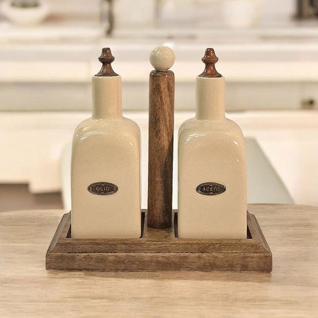 Ceramic Oil and Vinegar (Olio/Aceto) Bottle Set & Mango Wood Holder