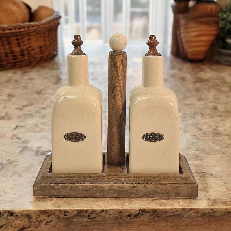 Ceramic Oil and Vinegar (Olio/Aceto) Bottle Set & Mango Wood Holder