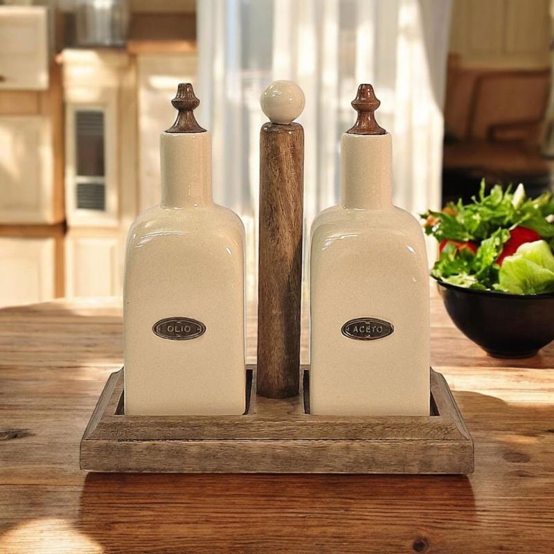 Ceramic Oil and Vinegar (Olio/Aceto) Bottle Set & Mango Wood Holder