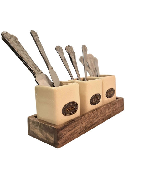 Knife, Fork & Spoon Ceramic Holder Set, with Mango Wood Tray