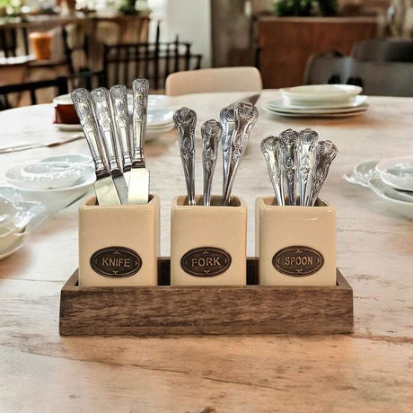 Knife, Fork & Spoon Ceramic Holder Set, with Mango Wood Tray