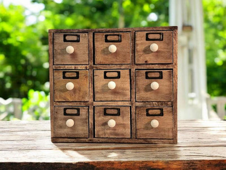 9 Drawer Solid Mango Wood Trinket Chest/Draw With Ceramic Knob Handles