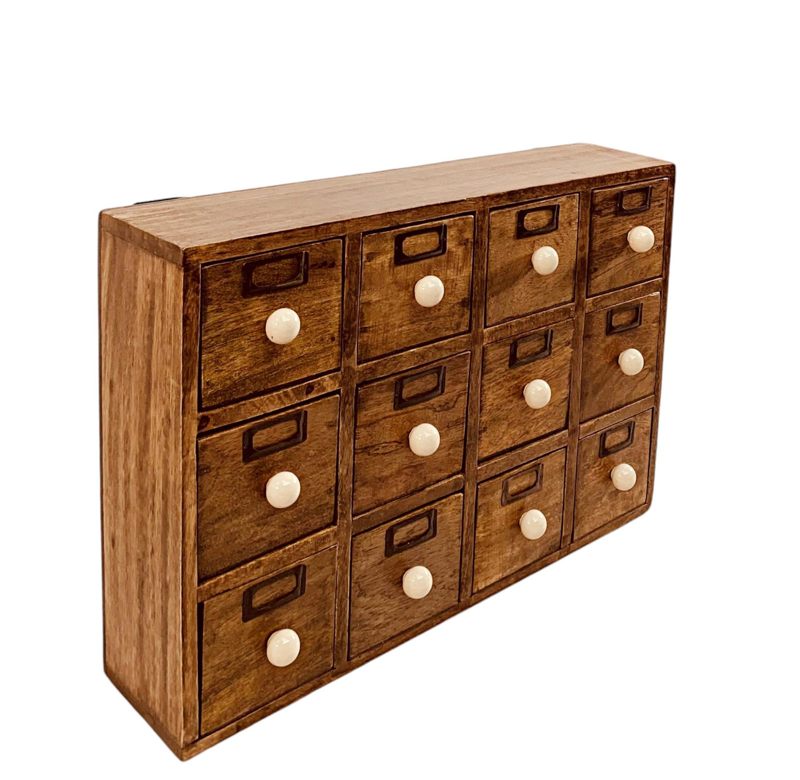 12 Drawer Solid Mango Wood Trinket Chest/Draw With Ceramic Knob Handles