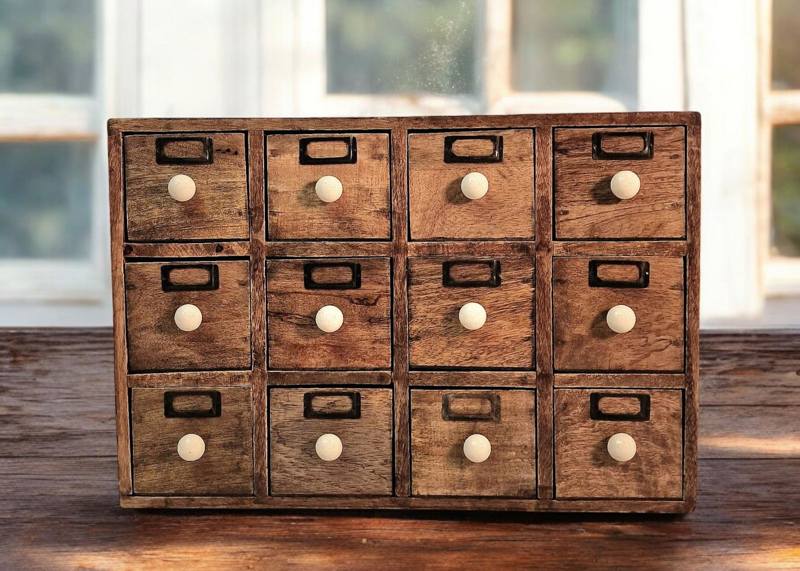 12 Drawer Solid Mango Wood Trinket Chest/Draw With Ceramic Knob Handles