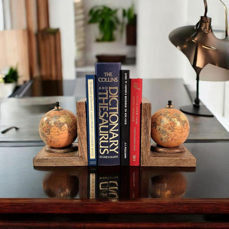 Pair of World Globe Bookends Set in Mango Wood