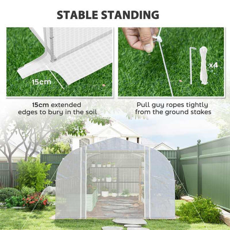 Outsunny 6 x 3 x 2m Walk-in Polytunnel Greenhouse, Zipped Roll Up Sidewalls, Mesh Door, 8 Mesh Windows, Tunnel Warm House Tent with PE Cover, Complimentary Plant Labels and Gloves, White