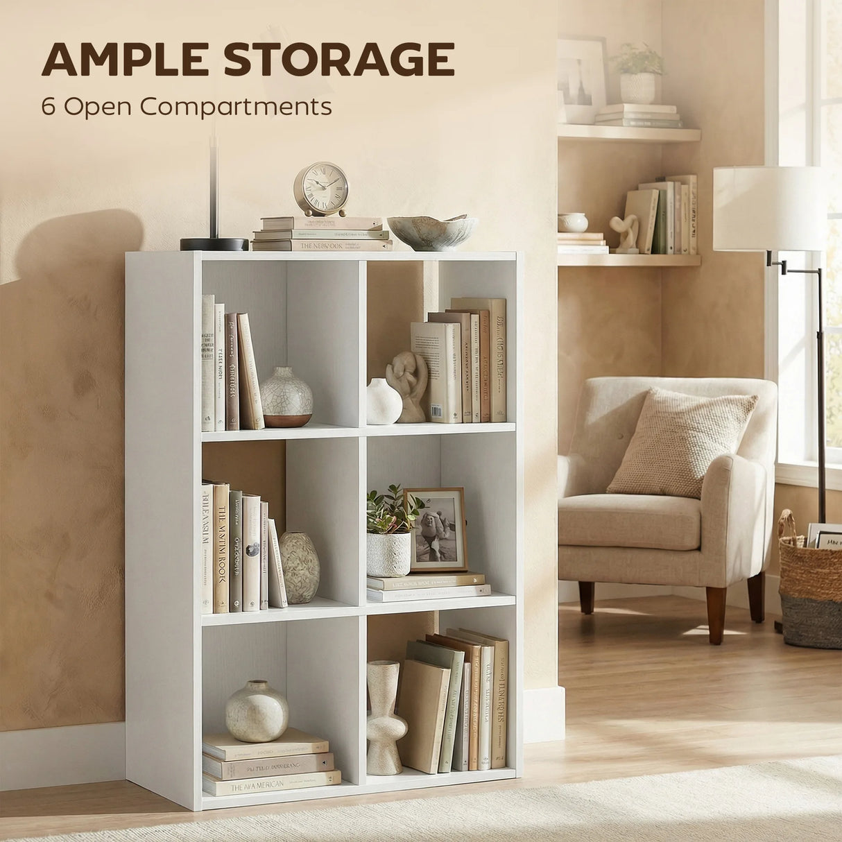 HOMCOM Industrial Style Storage Shelf, Bookcase, Bookshelf with 6 Compartments, for Living Room, Home Study, White Wood Effect