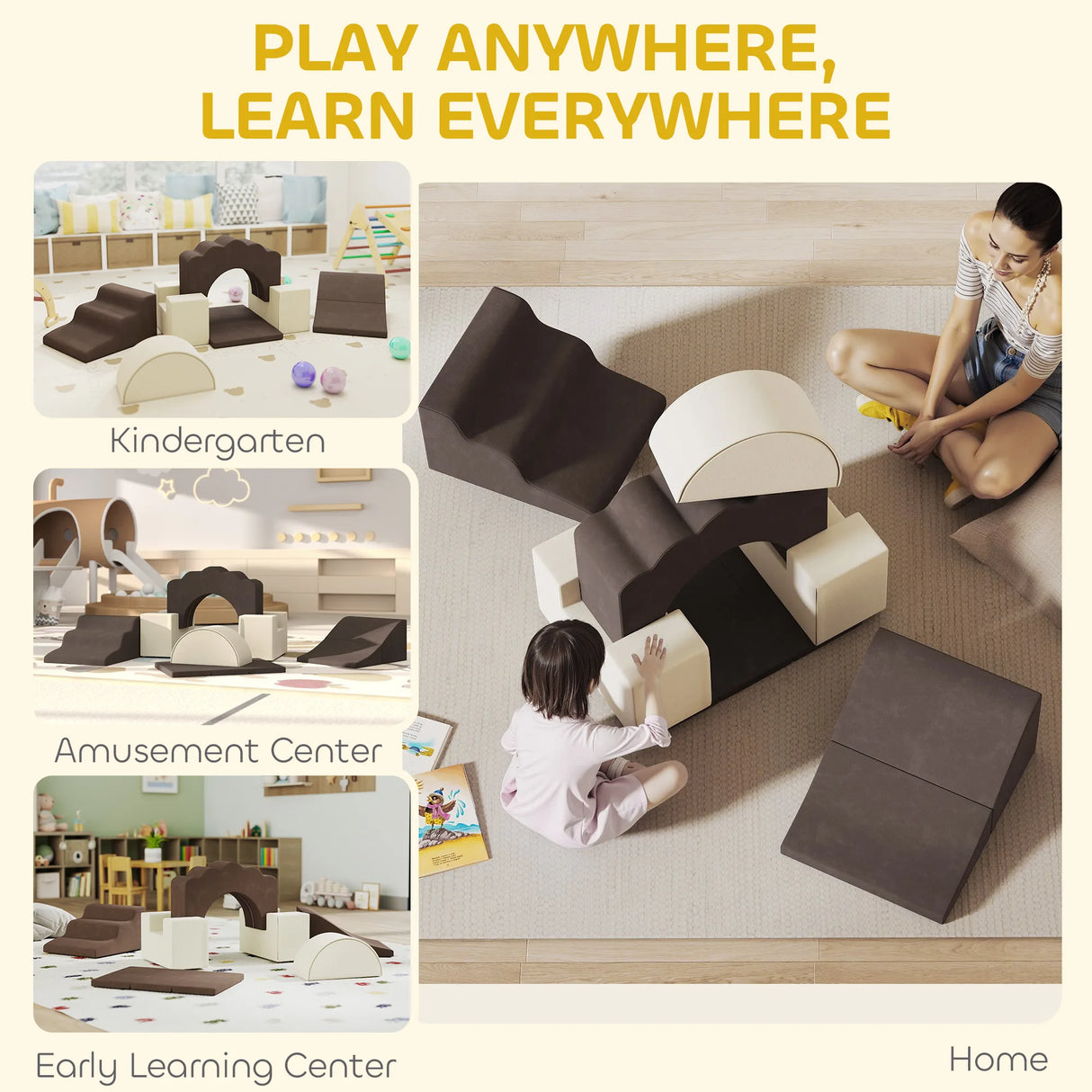 AIYAPLAY 7 Piece Kids Soft Play Set with Detachable Cover, Baby Indoor Climb and Crawl Foam Toy for Toddlers, Preschoolers, Brown