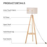 HOMCOM Tripod Floor Lamp, Freestanding Bedside Light Reading Light with Storage Shelf and Linen Shade for Living Room Bedroom, 154cm, Cream