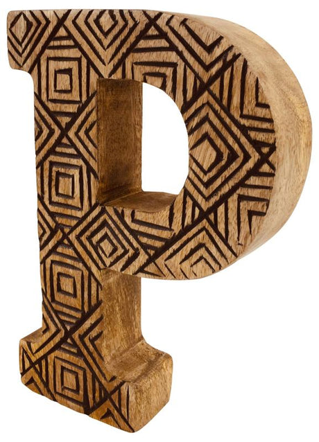 Hand Carved Wooden Geometric Letter P