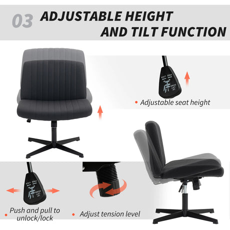 HOMCOM Armless Office Chair No Wheels, Linen Fabric Criss Cross Legged Desk Chair with Wide Seat, Thick Padding, Tilt Function, Height Adjustable Swivel Computer Seat for Home, Black