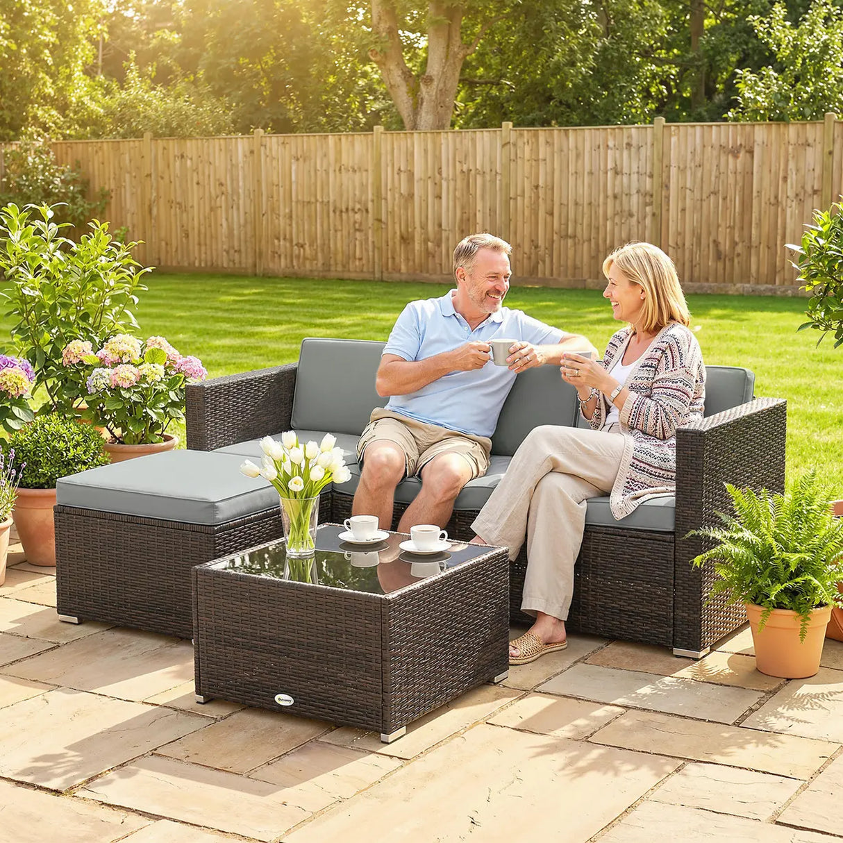 Outsunny 3 Pieces Garden Furniture Set w/ Cushions, PE Rattan Wicker Conversation Corner Sofa Set, Light Grey
