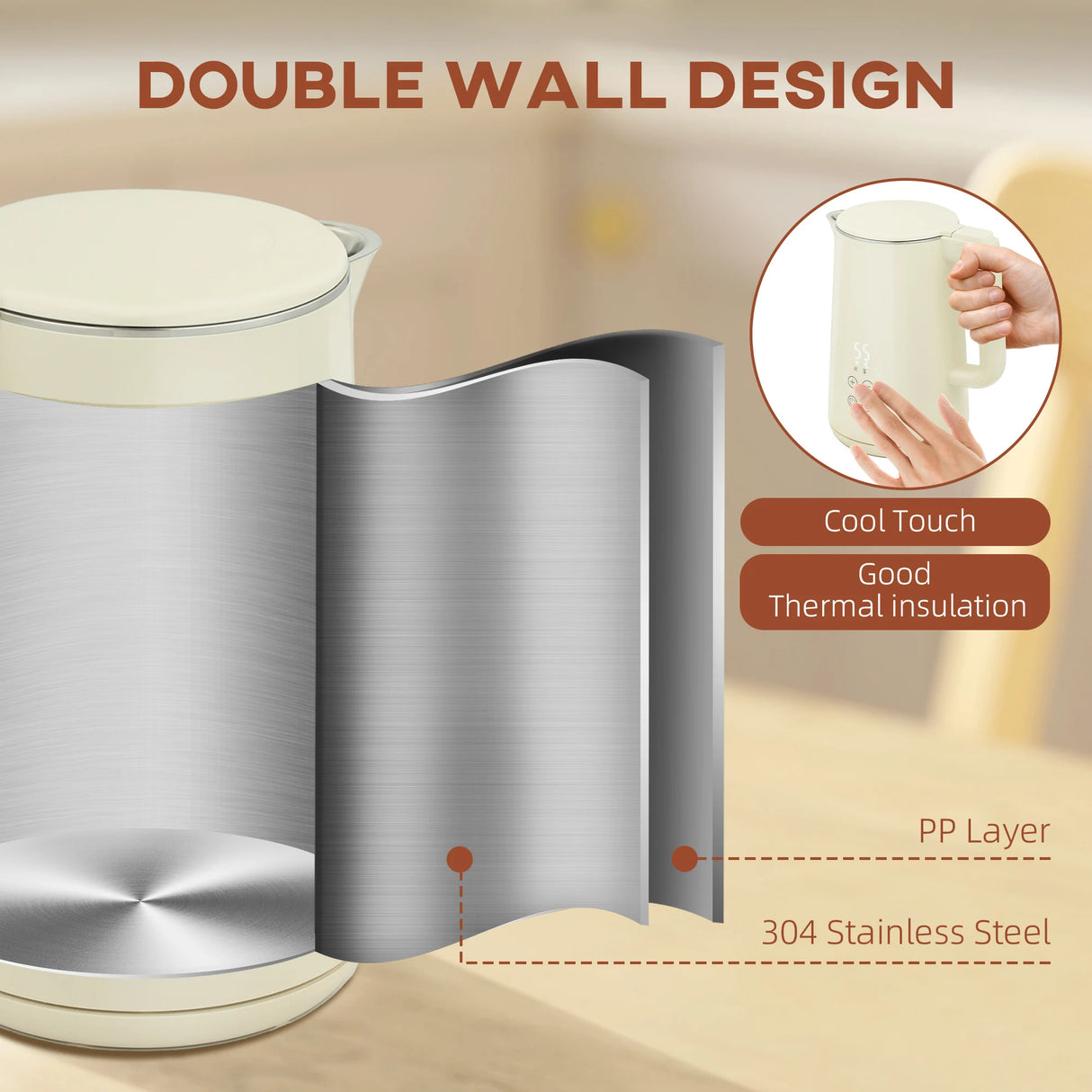 HOMCOM Digital Stainless Steel Kettle and Toaster Set, 1.5L 3000W Fast Boil Kettle, 2 Slice Toaster with 7 Level Browning Controls, Defrost, Reheat, Keep Warm, Crumb Tray and LED Touch Display, Beige
