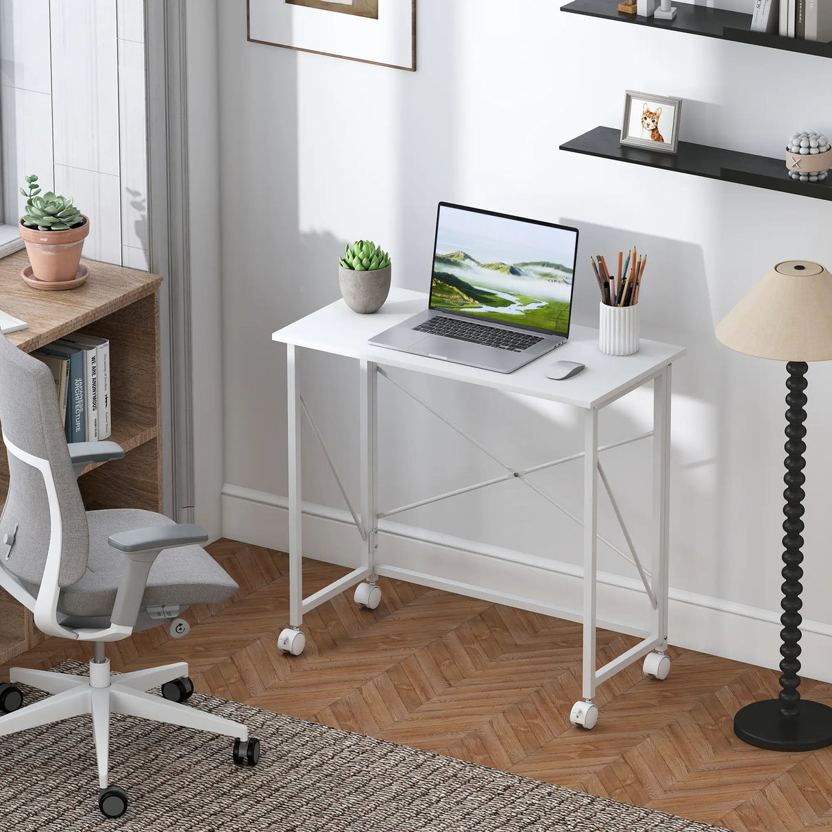 HOMCOM 80 cm Folding Desk on Wheels - White