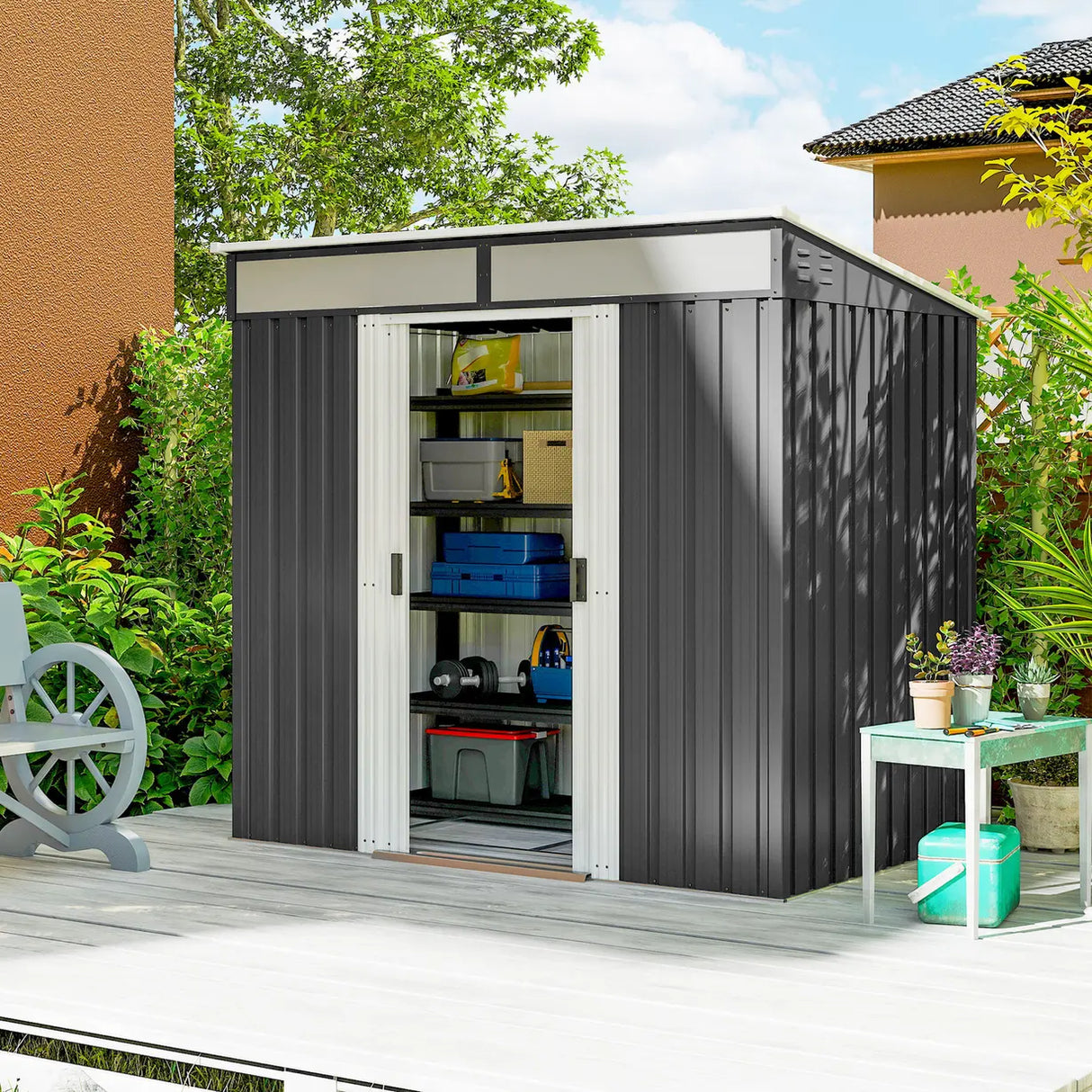 Outsunny 6.5 x 4FT Galvanised Metal Shed with Foundation Kit, Lockable Tool Garden Shed with Double Sliding Doors, Vents, Grey