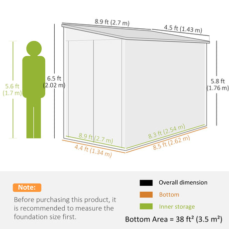 Outsunny 5 x 9ft Galvanised Metal Garden Shed with Foundation Kit, Outdoor Lean-to Shed, Tool Storage House with Lockable Doors, Gloves and 2 Air Vents for Patio, Garden, Brown