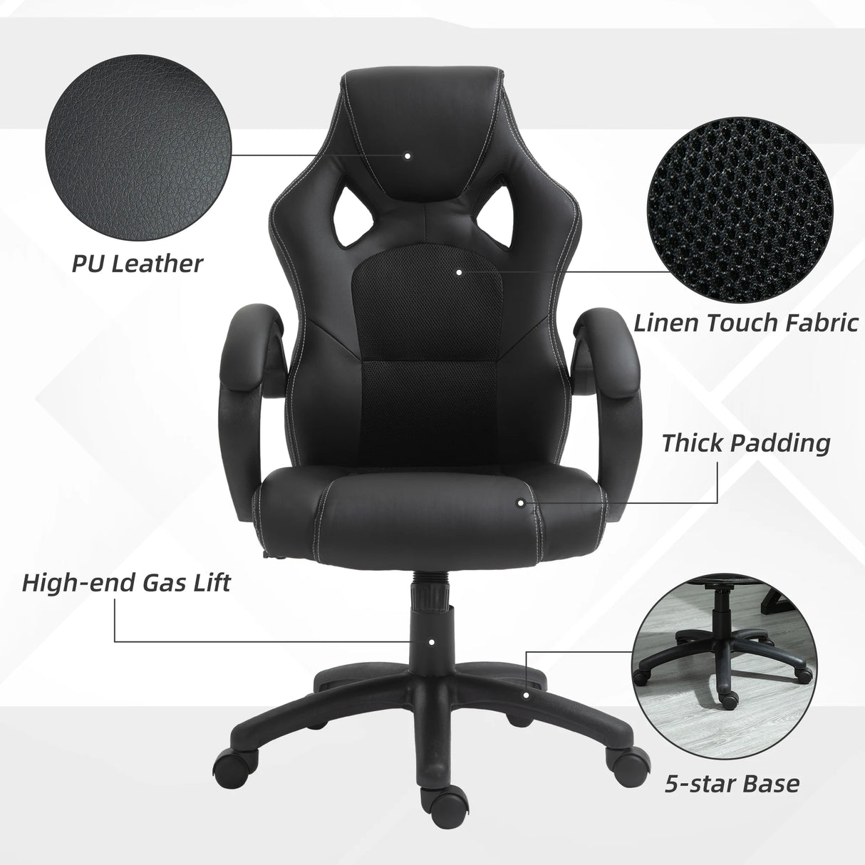 Vinsetto Office Chair Faux Leather Swivel Computer Desk Chair for Home Office with Wheels Armrests Black
