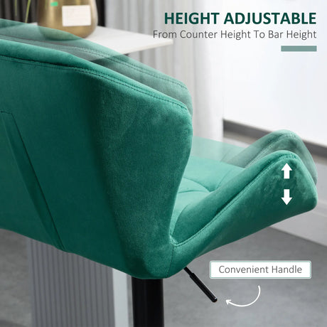 HOMCOM Bar Stools Set Of 2, Velvet-Touch Barstools with Metal Frame Footrest and Adjustable Height, Green