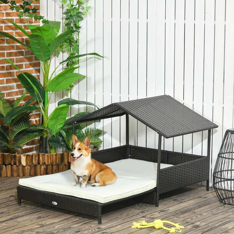 PawHut Extendable Elevated Dog Bed, Rattan Dog House, with Water-Resistant Roof, Removable Cushion, Cream