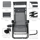 Outsunny 2 Piece Foldable Reclining Garden Chair with Headrest, Zero Gravity Deck Sun Lounger Seat Chair with Footrest, Armrest, Cup Holder & Canopy Shade, Light Grey