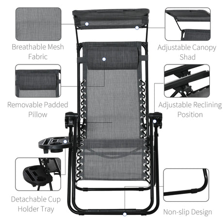 Outsunny 2 Piece Foldable Reclining Garden Chair with Headrest, Zero Gravity Deck Sun Lounger Seat Chair with Footrest, Armrest, Cup Holder & Canopy Shade, Light Grey