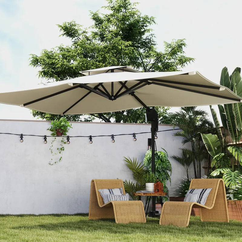 Outsunny 3.7 x 2.7 m Cantilever Parasol w/ 360 Rotation and Easy Tilt Adjustment, Aluminium Hanging Offset Outdoor Umbrella w/ Double Top and Cross Base, UPF50+ Hanging Sun Shade, Black